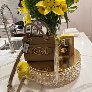 bebe Mini Tan Top-Handle Satchel with Gold Hardware bundle